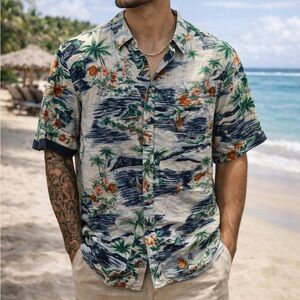 7 Diamonds Tropical Print Hawaiian Short Sleeve Casual Shirt
